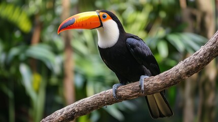a toucan bird is perched on a branch in a lush green forest. the bird is a toucan, with a large beak