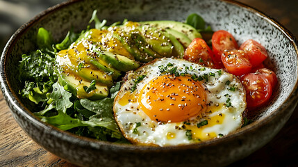 Close-up of a bowl with a fried egg, avocado, tomatoes and greens.