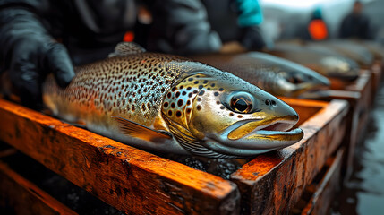 Close-up of a brown trout in a wooden crate with other fish in the background.