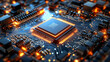 © Siasart Stock - Close-up of a circuit board with a glowing processor in the center.