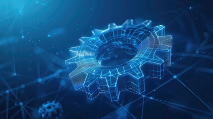 Wall Mural - abstract digital gear with glowing lines and particles on dark blue background.