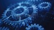 © florynstudio3 - Abstract 3D rendering of a close-up of gears in blue light with a dark background.