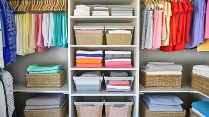 Wall Mural - A closet with many baskets and clothes. The baskets are of different colors and sizes. The clothes are neatly folded and organized. The closet has a bright and cheerful atmosphere