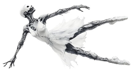 Ghostly ballerina with cracked limbs, adorned with haunting masks, detailed illustration, eerie yet elegant, isolated on white background