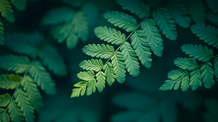 Wall Mural - Close-up of a fern frond with green leaves against a dark background.