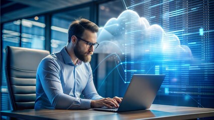 Full-stack developer working on cloud integration, coding in the background, modern software development process.