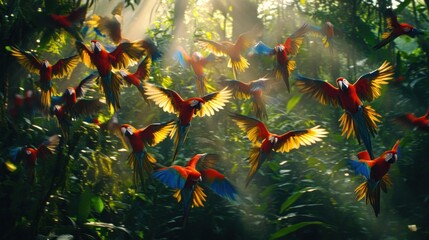 Poster - Parrots in Flight Amidst Lush Greenery