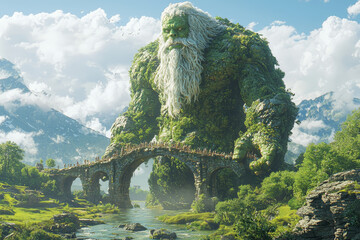 Wall Mural - A benevolent giant who helps build bridges for travelers, standing in a lush, green valley. Concept of giant kindness and aid.