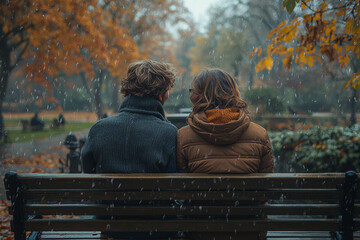 Canvas Print - Two people sitting on a park bench, with one leaning their head on the other's shoulder. Concept of comfort and affection.