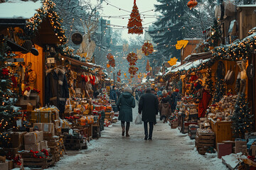 Wall Mural - A scene of shoppers scouring through a chaotic store with festive decorations everywhere. Concept of crowded shopping environments and holiday spirit.