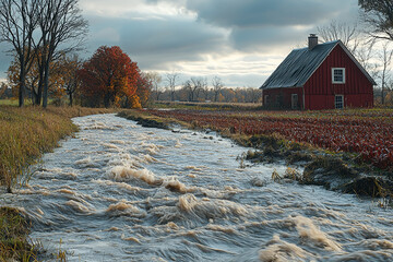 Wall Mural - A river overflowing its banks and flooding nearby fields, with affected residents looking on. Concept of river flooding and agricultural loss.