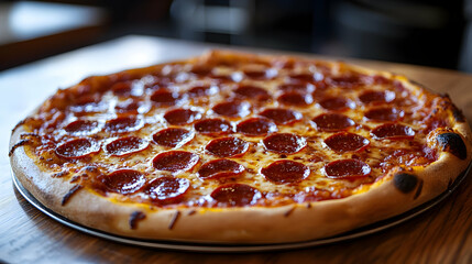 Wall Mural - Close-up of a pepperoni pizza with melted cheese on a wooden table.