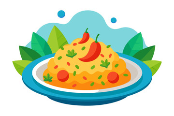 Delicious Bulgar Pilaf with Shrimps, Bell Peppers, and Greens - Vector Illustration