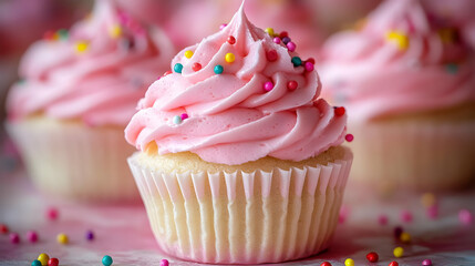 Wall Mural - Close-up of a pink cupcake with colorful sprinkles.