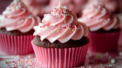 Wall Mural - Close-up of a pink cupcake with sprinkles, surrounded by other cupcakes.