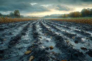 Sticker - A damaged agricultural field with toppled crops after a violent hailstorm. Concept of crop damage and agricultural challenges.