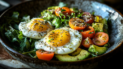 Close-up of a salad with avocado, fried eggs, cherry tomatoes, and greens.