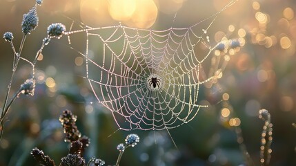 Wall Mural - Dew-Covered Spiderweb in the Morning Sun