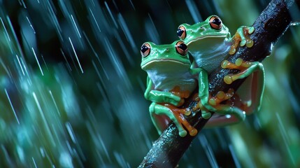 Two Green Frogs in the Rain