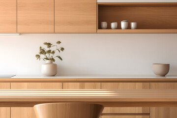 Canvas Print - Minimalist Kitchen with Warm Wood Counter | Sleek Design and Cozy Modern Interiors