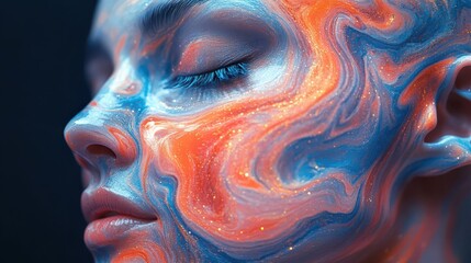 Wall Mural - abstract fluid portrait holographic head silhouette filled with swirling iridescent liquids vibrant 