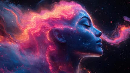 Wall Mural - abstract fluid portrait holographic head silhouette filled with swirling iridescent liquids vibrant 
