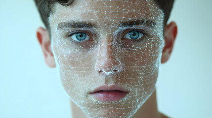 Wall Mural - Close-up of a young man's face with a digital mesh overlay.