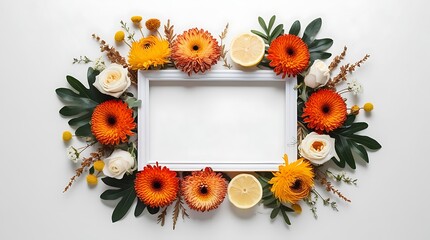 Elegant picture frame adorned with vibrant summer nature elements, including lush greenery, colorful flowers, and bright sunlight, perfect for capturing seasonal memories  