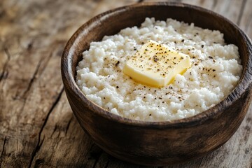 Wall Mural - Buttered grits with black pepper in wooden bowl