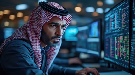 A Middle Eastern man in traditional clothing is working on a computer in a modern office. He is focused on his work and looking at the screen.