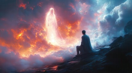 Wall Mural - angelic figure offering solace to a kneeling man in a celestial dreamscape luminous aura ethereal clouds soft pastel hues divine light beams