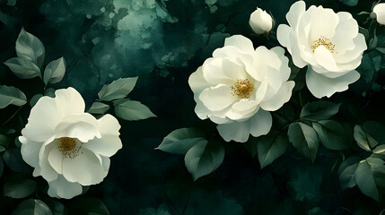 Canvas Print - Close-up of three white roses with green leaves on dark green background.