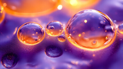 Close-up of vibrant purple and orange water droplets.