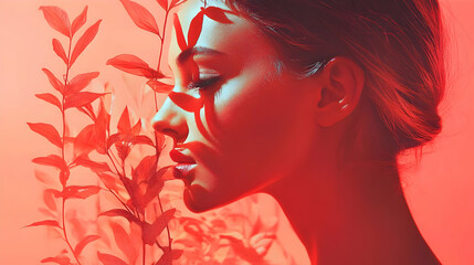 Wall Mural - Close-up of woman's profile with red leaves.