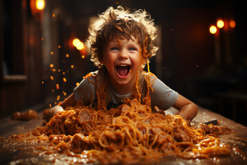 Poster - A small child slurping up spaghetti, sauce smudged across their cheeks. Concept of messy meals and happiness. Generative Ai.