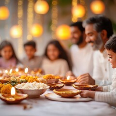 A joyful family celebration with delicious food and bright candles, showcasing togetherness during a festive gathering.