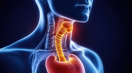 Medical diagram of the esophagus with a hiatal hernia, showing how part of the stomach pushes into the chest