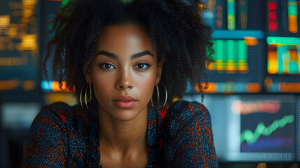 Closeup portrait of a woman with afro hair and hoop earrings looking at camera in front of a computer screen with stock market data.