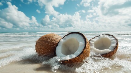 Coconut fruit closeup view in sea water with splash on sandy tropical beach