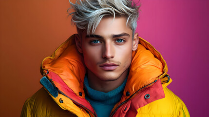 Poster - Closeup portrait of a young man with bleached hair wearing a yellow puffer jacket against a colorful background.