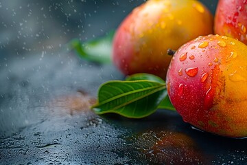 Wall Mural - Mango fruits with leaves on dark background