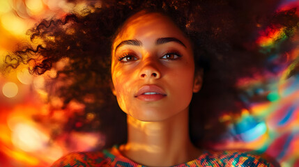 Poster - Close-up portrait of a young woman with curly hair, looking directly at the camera with warm, colorful light shining on her face.