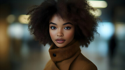 Wall Mural - Close-up portrait of a young woman with curly hair, wearing a brown turtleneck sweater, looking directly at the camera.