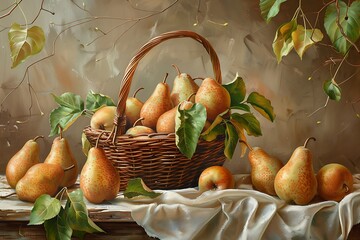 Wall Mural - Ripe pears in a wicker basket on a rustic background