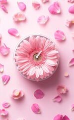 Pink alarm clock with flower center, surrounded by pink petals, flat lay photography, minimalistic floral concept