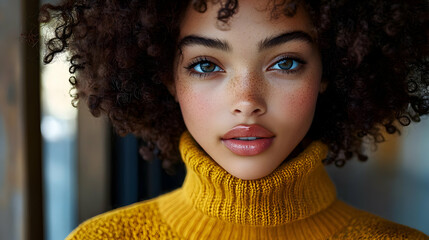 Poster - Close-up portrait of a young woman with freckles and curly hair.