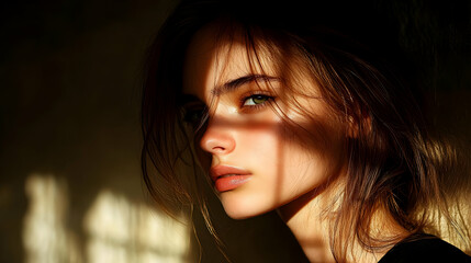 Wall Mural - Close-up portrait of a young woman with long brown hair and green eyes, looking away from the camera.