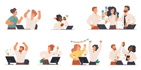 Birthday party or Christmas, festive event celebration by office employees team at workplace set. Happy people celebrate holiday together, congratulate with decorations cartoon vector illustration