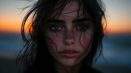 Canvas Print - Close-up portrait of a young woman with windblown hair, looking intensely at the camera with blue eyes, freckles, and a hint of a smile, against a blurred sunset background.