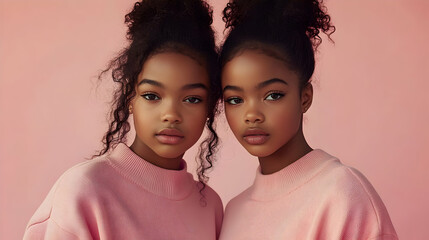 Poster - Close-up portrait of twin girls with curly hair wearing pink sweaters, looking directly at the camera, against a pink background.